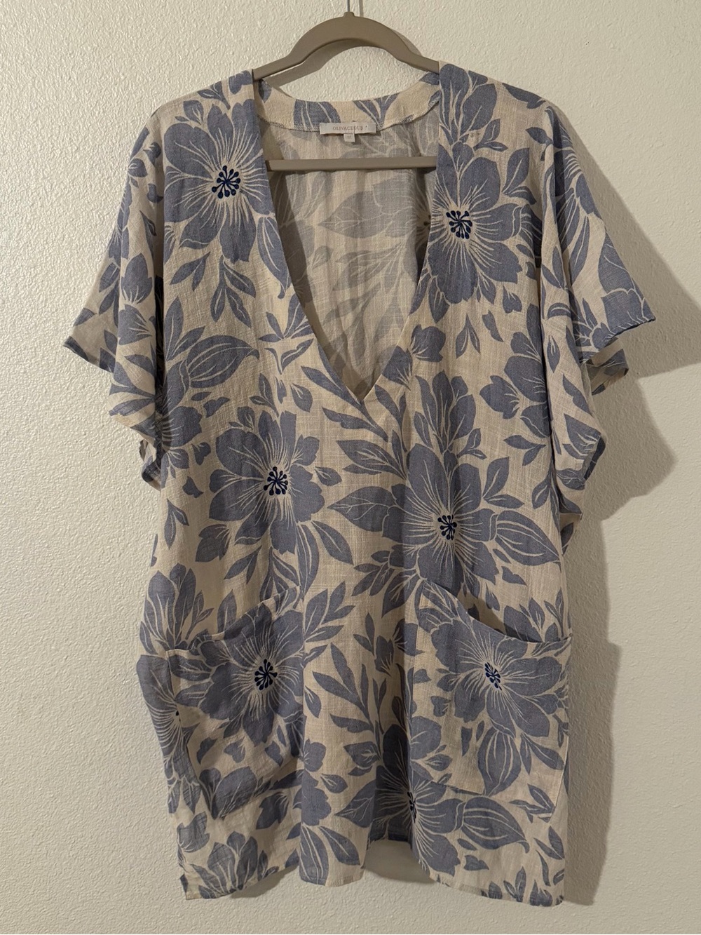 Olivaceous Women’s Blue 100% Cotton Floral Tunic Coverup Size Medium